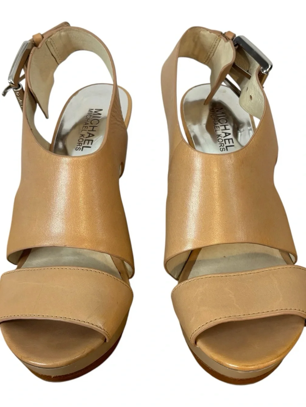 Michael Kors Women's Platform Heels Sandals Open Toe Buckle Leather Tan Size
